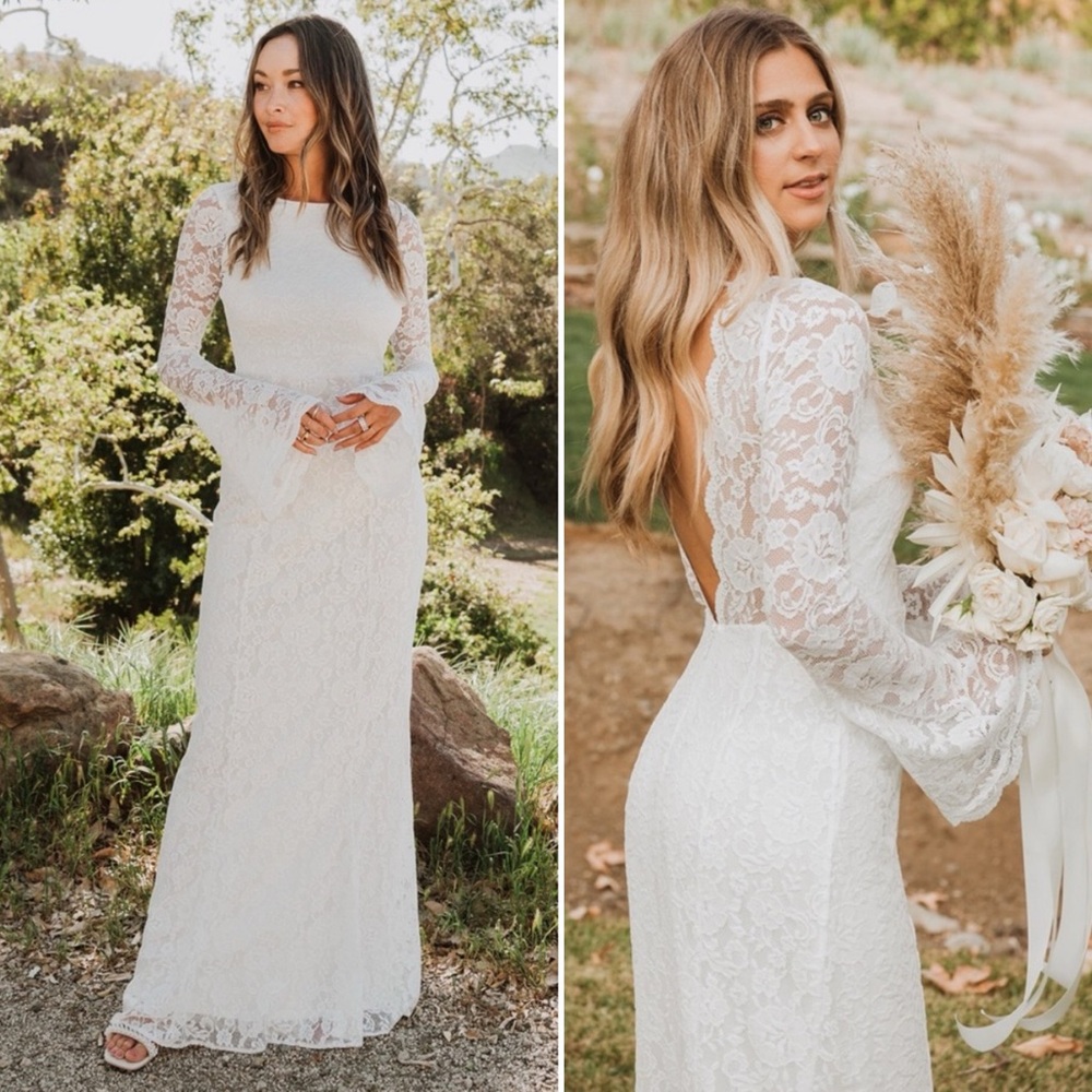 NWT Show Me Your Mumu Natalie Dress Lace Ivory Scallop Trim Bell Sleeve Gown